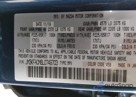 2020 Mazda Cx-5 Touring z USA, uszkodzony, nr VIN JM3KFACM8L0749703